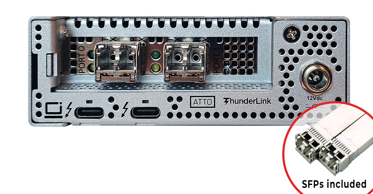 ThunderLink (model 5322) dual-port Thunderbolt™ 5 to SFP+ optical dual-port 32Gb Fibre Channel Adapter
